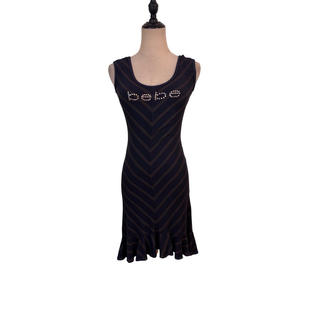 Vtg Y2K Bebe Tank Dress XS Blue Ribbed Rhinestone Ruffle Logo Indie Sleeze Glam